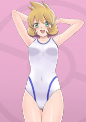 Rule 34 | blush, brown hair, competition swimsuit, creatures (company), game freak, green eyes, highres, looking at viewer, misty (pokemon), navel, nintendo, one-piece swimsuit, open mouth, pokemon, smile, swimsuit, thighs, white one-piece swimsuit