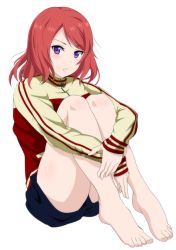 Rule 34 | 10s, 1girl, :t, barefoot, blush, feet, full body, hugging own legs, jacket, looking at viewer, love live!, love live! school idol project, nishikino maki, pout, purple eyes, red hair, short hair, shorts, simple background, solo, thighs, track jacket, white background, yottsuu