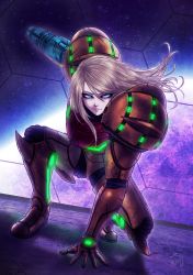 Rule 34 | 1girl, absurdres, arm cannon, armor, blonde hair, blue eyes, eyelashes, furrowed brow, hand on ground, highres, huge filesize, lights, looking to the side, metroid, mole, mole under mouth, nintendo, planet, power armor, samus aran, sketchmenot, space, star (sky), varia suit, weapon, window