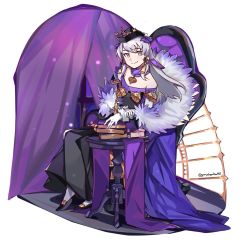 Rule 34 | 1girl, bare shoulders, black hat, book, cake, cake slice, chair, choker, closed mouth, collarbone, commentary, curtains, dress, elbow gloves, english commentary, fire emblem, fire emblem: three houses, fire emblem heroes, food, fur trim, gloves, graysheartart, hair between eyes, hair ornament, hat, highres, jewelry, long hair, looking at viewer, low-tied long hair, lysithea von ordelia, nintendo, pink eyes, simple background, sitting, smile, solo, strapless, strapless dress, twitter username, veil, white background, white gloves, white hair, window