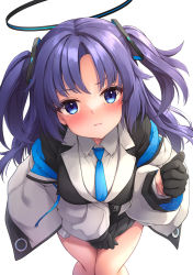 Rule 34 | 1girl, awa yume, black gloves, blue archive, blue eyes, blue necktie, blush, breasts, closed mouth, covering privates, covering crotch, embarrassed, gloves, hair ornament, half gloves, halo, highres, jacket, long sleeves, looking at viewer, medium breasts, necktie, pout, purple hair, revision, shirt, simple background, solo, two side up, white background, white jacket, white shirt, yuuka (blue archive)