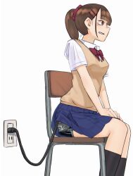 Rule 34 | 1girl, absurdres, android, black socks, blue skirt, blush, bow, bowtie, brown eyes, brown hair, cable, chair, collared shirt, electric plug, electrical outlet, hair ornament, hairclip, highres, mecha-jk, mechanical parts, medium hair, meikaa, miniskirt, original, pleated skirt, ponytail, recharging, red bow, red bowtie, school uniform, shirt, simple background, sitting, skirt, socks, solo, white background, white shirt