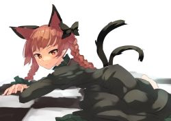 Rule 34 | 1girl, animal ears, barefoot, bow, braid, cat ears, cat tail, dress, extra ears, foot out of frame, kaenbyou rin, long hair, looking at viewer, lying, multiple tails, nekomata, on side, one-hour drawing challenge, polpol, red eyes, red hair, simple background, smile, solo, tail, touhou, twin braids, twisted torso, white background