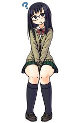 Rule 34 | 1girl, :o, ?, between legs, black eyes, black hair, black socks, bow, bowtie, buttons, cardigan, collared shirt, full body, glasses, hand between legs, head tilt, loafers, long sleeves, looking at viewer, maruput, miniskirt, original, pigeon-toed, plaid, plaid skirt, pleated skirt, red bow, red bowtie, round eyewear, school uniform, shirt, shoes, simple background, skirt, socks, solo, straight hair, striped bow, striped bowtie, striped clothes, striped neckwear, v arms, white background, white shirt