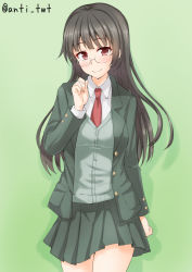Rule 34 | 10s, 1girl, alternate costume, animal ears, anti (untea9), arm at side, artist name, blunt bangs, blush, brown hair, buttons, choukai (kancolle), closed mouth, collared shirt, dress shirt, eyebrows, glasses, green background, green skirt, green theme, green vest, highres, jacket, kantai collection, long hair, long sleeves, looking at viewer, necktie, open clothes, open jacket, pleated skirt, pocket, red eyes, red necktie, rimless eyewear, shadow, shirt, simple background, skirt, smile, solo, tareme, thighs, unbuttoned, vest, white shirt