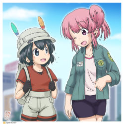 Rule 34 | 10s, 2girls, backpack, bag, bucket hat, commentary request, fang, feathers, gaketsu, gloves, hat, id card, jacket, japari symbol, kaban (kemono friends), kemono friends, multiple girls, nana (kemono friends), one eye closed, open mouth, pink hair, shirt, short hair, shorts, smile, t-shirt