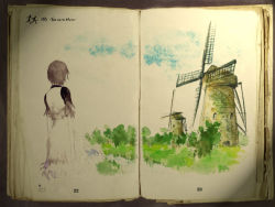 Rule 34 | 1girl, book, english text, engrish text, female focus, ico, nature, official art, outdoors, painting (medium), partially colored, ranguage, sky, solo, traditional media, watercolor (medium), windmill, yorda