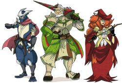 1girl 2boys armor beard belt brown_belt chesnaught cowl creatures_(company) delphox dress facial_hair fingerless_gloves game_freak gen_6_pokemon glasses gloves greninja hat helmet holding holding_helmet holding_polearm holding_weapon humanization knight lance long_hair multicolored_hair multiple_boys ninja nintendo orange_hair personification pink_scarf pokemon pokemon_(creature) pokemon_xy polearm scarf short_hair shoulder_armor simple_background two-tone_hair weapon white_background witch_hat z0mbiraptor