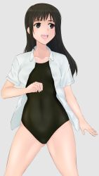 Rule 34 | 10s, 1girl, absurdres, arm at side, bad id, bad pixiv id, black eyes, black hair, black one-piece swimsuit, blush, breasts, buttons, clenched hand, collarbone, collared shirt, cowboy shot, dress shirt, gluteal fold, green kaminari, grey background, happy, highres, hip focus, legs apart, long hair, looking to the side, medium breasts, one-piece swimsuit, open clothes, open mouth, open shirt, seiren, shirt, short sleeves, sidelocks, simple background, smile, solo, standing, swimsuit, swimsuit under clothes, thighs, touno kyouko, unbuttoned, white shirt