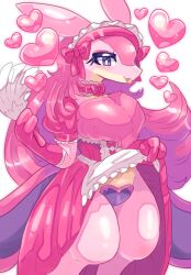 Rule 34 | animal ears, animal hands, bow, clothes lift, collar, creature, dress, eyelashes, eyeshadow, furry, furry female, gloves, heart, highres, holding, long hair, lovander, makeup, murasakigezi, neck ruff, palworld, pink dress, pink fur, puffy sleeves, purple eyes, skirt, skirt lift, tongue, tongue out, white background