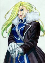 Rule 34 | amestris military uniform, blonde hair, blue eyes, breasts, coat, dated, floating hair, fullmetal alchemist, fur-trimmed coat, fur trim, ganyapin, gloves, hair over one eye, large breasts, lips, long hair, looking ahead, marker (medium), military, military uniform, olivier mira armstrong, pants, pink lips, solo, standing, sword, thick lips, traditional media, uniform, v-shaped eyebrows, weapon, white gloves