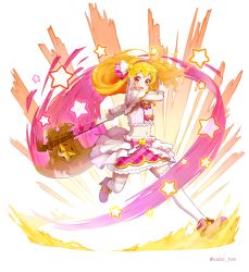 Rule 34 | 1girl, :d, aikatsu!, aikatsu! (series), aura, axe, bare shoulders, battle axe, belly, blonde hair, bow, commentary request, crop top, fantasy, floating hair, frilled skirt, frills, hair ornament, hairband, high heels, hoshimiya ichigo, huge weapon, idol, long hair, midriff, miniskirt, mo sabo, navel, open mouth, oversized object, red eyes, running, simple background, skirt, smile, solo, star (symbol), star hair ornament, thighhighs, twitter username, weapon, white background, wrist cuffs