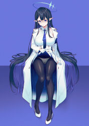 Rule 34 | 1girl, 40hara, black hair, blue archive, blue eyes, blue hair, blue halo, blue necktie, breasts, clothes lift, coat, collared dress, colored inner hair, commentary request, dress, dress lift, earrings, glasses, gloves, halo, highres, jewelry, large breasts, lifting own clothes, long hair, looking at viewer, multicolored hair, necktie, panties, panties under pantyhose, pantyhose, pointy ears, rin (blue archive), shaded face, shirt, sleeveless, sleeveless dress, solo, underwear, very long hair, white coat, white gloves, white panties