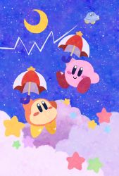 Rule 34 | above clouds, arm up, black eyes, blue background, blue eyes, blue sky, blush, blush stickers, closed mouth, cloud, floating, full body, happy, highres, holding, holding umbrella, kirby, kirby (series), midair, miwa (ahyuck), night, nintendo, no humans, no mouth, parasol kirby, sky, smile, solid oval eyes, star (sky), star (symbol), starry sky, ufo (kirby), umbrella, waddle dee