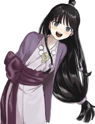 Rule 34 | 1girl, :d, ace attorney, beads, black hair, blunt bangs, blush, bright pupils, commentary request, grey eyes, hair beads, hair bun, hair ornament, half updo, highres, japanese clothes, jewelry, kimono, long hair, long sleeves, looking at viewer, low-tied long hair, magatama, maya fey, necklace, open mouth, renshu usodayo, sash, simple background, single hair bun, smile, solo, teeth, upper teeth only, white background, white pupils