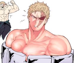 Rule 34 | 1boy, abs, bara, blonde hair, boku no hero academia, bound, bound arms, collage, frown, large pectorals, male focus, muscular, muscular (boku no hero academia), muscular male, navel, nipples, nude, pectoral press, pectorals, scar, scar across eye, scar on face, short hair, sideburns, solo focus, stomach, topless male, upper body, yazaki (yazakc)