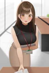 Rule 34 | 1girl, armpit crease, bare shoulders, black sweater, blurry, blurry background, blush, breasts, brown eyes, brown hair, commentary request, earrings, gradient eyes, highres, holding, holding paper, id card, indoors, jewelry, large breasts, long hair, looking at viewer, multicolored eyes, office, office lady, ol mahonanoka, open mouth, original, paper, paper stack, parted bangs, ribbed sweater, sleeveless, sleeveless sweater, sleeveless turtleneck, solo, sweater, swept bangs, turtleneck, turtleneck sweater, wooden desk, yellow eyes