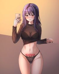 Rule 34 | 1girl, bang dream!, black bra, black nails, black panties, blush, bra, bra visible through clothes, breasts, brown background, brown shirt, cellphone, cleavage, clothes lift, commentary, cowboy shot, fingernails, gluteal fold, gradient background, groin, hair between eyes, hands up, highleg, highleg panties, highres, holding, holding phone, large breasts, lifted by self, long hair, long sleeves, looking at viewer, nail polish, navel, navel piercing, no pants, orange background, panties, parted lips, phone, piercing, ptal, pubic tattoo, purple hair, red eyes, see-through, see-through shirt, selfie, shirt, shirt lift, sidelocks, smartphone, smile, solo, standing, stomach, string panties, tattoo, underwear, ushigome yuri