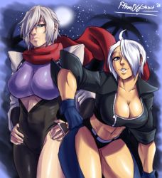 Rule 34 | 2girls, abs, ahoge, angel (kof), asymmetrical clothes, blue eyes, bodysuit, breasts, chaps, cleavage, commentary, covered navel, creator connection, cropped jacket, crossover, earrings, eyebrows, fingerless gloves, gloves, hand on own hip, hands on own hips, hattori hanzo uruka, highres, jewelry, large breasts, leaning forward, looking at viewer, midriff, multiple girls, night, night sky, ninja, panties, pltnm ghost, scarf, seductive smile, short hair, shoulder pads, silver hair, single pantsleg, skin tight, sky, sleeves pushed up, smile, the king of fighters, thighs, trait connection, underwear, yatagarasu (game), zipper