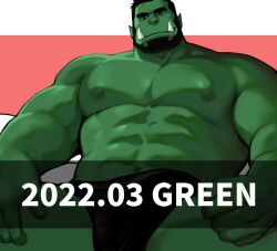 Rule 34 | 1boy, bara, beard, black male underwear, briefs, bulge, colored skin, dated, dopey (dopq), erection, erection under clothes, facial hair, full beard, green skin, highres, large hands, large pectorals, male focus, male underwear, mature male, monster boy, muscular, muscular male, nipples, orc, original, paid reward available, pectorals, pink background, pointy ears, short hair, solo, strongman waist, thick beard, thick eyebrows, topless male, tusks, two-tone background, underwear, watermark