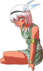 Rule 34 | 1girl, armlet, artist request, asatsuki (cookie), aztec, blue eyes, bob cut, body markings, bracelet, cookie (touhou), dark-skinned female, dark skin, expressionless, facial mark, feather hair ornament, feathers, flat chest, green shirt, green skirt, hair between eyes, hair ornament, hairband, jewelry, konpaku youmu, looking at viewer, necklace, outline, shirt, short hair, simple background, skirt, solo, thighs, tooth necklace, touhou, transparent background, white background, white hair