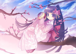 Rule 34 | ball, blue eyes, blue hair, bow, cherry blossoms, cloud, flower, hair bow, hime cut, in tree, japanese clothes, kimono, mitake eil, sandals, sitting, sitting in tree, sky, solo, tree
