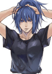 Rule 34 | 1girl, alternate costume, black shirt, blue eyes, casual, hair tie, hair tie in mouth, hands up, high ponytail, leona heidern, mouth hold, ponytail, shirt, simple background, solo, the king of fighters, tying hair, white background, yasunososaku