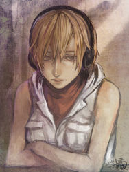 Rule 34 | 1girl, absurdres, blonde hair, dated, fan ju, freckles, grey eyes, headphones, heather mason, highres, short hair, signature, silent hill, silent hill (series), solo, upper body, vest