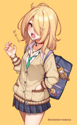 Rule 34 | 1girl, bag, bag charm, blonde hair, bracelet, brown eyes, charm (object), checkered clothes, checkered skirt, commentary request, fangs, hair over one eye, hand in pocket, jewelry, kouzuki tsubasa (musou kaidou), long hair, looking at viewer, miniskirt, necktie, open mouth, original, pendant, pendant choker, petite, pleated skirt, red nails, school bag, school uniform, simple background, skirt, sweater, translated, yellow background