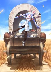 Rule 34 | 1girl, :d, absurdres, animal ear fluff, animal ears, arms up, black gloves, blue hair, bow, braid, bridal garter, brown pantyhose, carriage, carrot hair ornament, closed eyes, commentary request, covered wagon, day, detached sleeves, don-chan (usada pekora), dress, food-themed hair ornament, full body, fur scarf, gloves, hair bow, hair ornament, highres, hololive, nemoto yuuma, open mouth, outdoors, pantyhose, pekomon (usada pekora), puffy short sleeves, puffy sleeves, rabbit ears, round teeth, shoes, short sleeves, smile, solo, standing, standing on one leg, strapless, strapless dress, teeth, thick eyebrows, twin braids, twintails, upper teeth only, usada pekora, usada pekora (1st costume), virtual youtuber, wheat field, white bow, white dress, white footwear, white hair