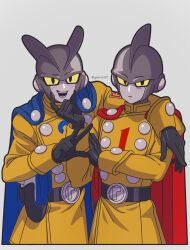 Rule 34 | 2boys, arm around shoulder, artist name, belt, black belt, black eyes, black gloves, blue cape, buttons, cape, cheek pinching, closed mouth, colored sclera, colored skin, colored tongue, commentary request, double-breasted, dragon ball, dragon ball super, dragon ball super super hero, energy gun, gamma 1, gamma 2, gloves, grey skin, hand up, highres, holster, holstered, jacket, long sleeves, looking at viewer, male focus, mine1225, multiple boys, open mouth, pinching, purple tongue, ray gun, red cape, red ribbon army, simple background, smile, teeth, tongue, twitter username, weapon, white background, yellow jacket, yellow sclera