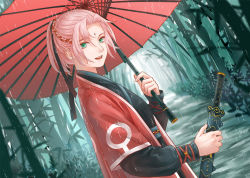 Rule 34 | 1girl, :d, adapted costume, alternate hairstyle, bamboo, bamboo forest, black kimono, black ribbon, bohe liang you, dutch angle, earrings, facial mark, forehead mark, forest, green eyes, hair between eyes, hair intakes, hair ribbon, hand up, haori, haruno sakura, holding, holding sheath, holding umbrella, japanese clothes, jewelry, kimono, layered sleeves, long sleeves, looking at viewer, naruto (series), naruto shippuuden, nature, oil-paper umbrella, open mouth, outdoors, pink hair, ponytail, rain, red umbrella, ribbon, sheath, sheathed, short over long sleeves, short sleeves, smile, solo, umbrella, upper body
