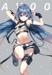 Rule 34 | 1girl, ad, album cover, arms up, bandeau, belt, blue eyes, blue hair, boots, breasts, chain, cleavage, cover, cropped, fingerless gloves, gloves, hand on headphones, headphones, holster, knee up, long hair, matching hair/eyes, medium breasts, midriff, multicolored hair, navel, original, short shorts, shorts, silver hair, simple background, smile, solo, strap, strapless, suspender shorts, suspenders, thigh holster, thigh strap, thighs, tube top, very long hair, wavforme, zaza (x-can01)