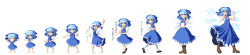 Rule 34 | 1girl, absurdres, age comparison, blue eyes, blue hair, boots, child, cirno, cross-laced footwear, female focus, hair between eyes, highres, kose takashi, lace-up boots, long image, tak, touhou, translated, white legwear, wide image, wings