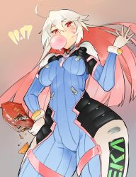 Rule 34 | 1girl, bodysuit, blowing bubbles, chewing gum, chips (food), cosplay, d.va (overwatch), d.va (overwatch) (cosplay), doritos, facial mark, food, gloves, guilty gear, guilty gear xrd, highres, jack-o&#039; valentine, kenshin187, multicolored hair, overwatch, overwatch 1, red eyes, red hair, solo, two-tone hair, white hair