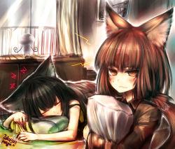 Rule 34 | 2girls, animal ears, annoyed, bed, black hair, blush, cabinet, cat ears, closed eyes, fence, glass, highres, kotoba noriaki, long hair, looking at viewer, multiple girls, original, photo (object), pillow, ponytail, red hair, room, sleeping, slit pupils