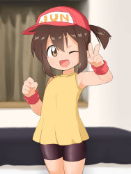 Rule 34 | 1girl, absurdres, armpits, arms up, bakusou kyoudai let&#039;s &amp; go!!, bed, bedroom, bike shorts, black shorts, brown eyes, brown hair, commentary request, curtains, highres, indoors, one eye closed, open mouth, ponytail, sagami jun, shirt, short hair, shorts, sleeveless, sleeveless shirt, smile, solo, uno (mon chat noir), v, wristband, yellow shirt