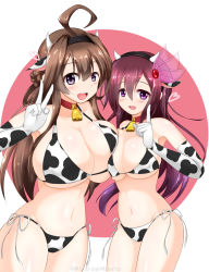Rule 34 | 2girls, ahoge, animal ears, animal print, asymmetrical docking, bell, bikini, breast press, breasts, brown hair, circle, cleavage, commentary request, cow ears, cow horns, cow print, cowbell, double bun, elbow gloves, fake animal ears, fake horns, gloves, hair bun, hair ornament, hairband, highres, horns, huge breasts, index finger raised, kantai collection, kisaragi (kancolle), kisaragi mizuto, kongou (kancolle), large breasts, long hair, looking at viewer, multiple girls, purple eyes, side-tie bikini bottom, swimsuit, two-tone background, white background, white bikini, white gloves