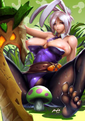 Rule 34 | 1girl, alternate costume, animal ears, battle bunny riven, black pantyhose, breasts, breasts out, broken, broken sword, broken weapon, fake animal ears, feet, female focus, folded ponytail, highres, large breasts, league of legends, leotard, mr h.l., nipples, no shoes, pantyhose, playboy bunny, rabbit ears, riven (league of legends), sexually suggestive, short hair, silver hair, soles, solo, sword, toes, weapon