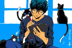 Rule 34 | 1boy, amamiya ren, black hair, blue background, blue hair, book, casual, cat, cat paw, closed eyes, glasses, male focus, morgana (persona 5), multiple cats, pencil, persona, persona 5, saitou rokuro, solo, tail, tail wagging, wavy hair, writing