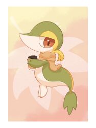 Rule 34 | absurdres, brown eyes, closed mouth, creatures (company), cup, game freak, gen 5 pokemon, half-closed eyes, highres, holding, nintendo, no humans, pokemon, pokemon (creature), signature, snivy, solo, tail