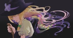 Rule 34 | 1girl, arm at side, arm up, black background, black hat, black vest, blonde hair, braid, broom, commentary, floating hair, hair between eyes, hair ribbon, hat, hat ribbon, highres, holding, holding broom, kirisame marisa, long hair, looking to the side, milky way, open mouth, puffy short sleeves, puffy sleeves, ribbon, shirt, short sleeves, sideways mouth, simple background, single braid, solo, star (sky), touhou, tress ribbon, upper body, very long hair, vest, white shirt, witch hat, yamabuki (yamabuki xxxxx), yellow eyes
