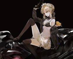 Rule 34 | 1girl, :q, apple pie, apron, arm up, artoria pendragon (all), artoria pendragon (alter swimsuit rider) (fate), artoria pendragon (alter swimsuit rider) (second ascension) (fate), artoria pendragon (fate), bikini, bikini top only, bikini under clothes, black background, black bow, black bowtie, black footwear, black jacket, black thighhighs, blonde hair, bow, bowtie, braid, breasts, bridal garter, cleavage, detached collar, fate/grand order, fate (series), food, french braid, frilled bikini, frills, groin, gun, hair bun, hair ribbon, handgun, holding, holding food, holding gun, holding weapon, jacket, knee up, long sleeves, looking to the side, maid, maid bikini, maid headdress, medium breasts, mo (mocopo), motor vehicle, motorcycle, navel, off shoulder, pie, pie slice, pistol, ribbon, saber alter, shoes, short hair, sidelocks, single hair bun, sitting, smile, solo, swimsuit, thighhighs, tongue, tongue out, unconventional maid, weapon, weapon request, yellow eyes, zipper