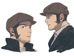Rule 34 | 1boy, alternate costume, bad id, bad pixiv id, beard, black hair, brown headwear, character request, collared jacket, earrings, facial hair, from side, golden kamuy, jacket, jewelry, long sideburns, male focus, mature male, multiple views, short hair, sideburns, stubble, tanigaki genjirou, thick eyebrows, tonta (tonta1231), white background