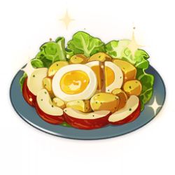 Rule 34 | apple, artist request, commentary, egg, egg (food), english commentary, food, food focus, fruit, game cg, genshin impact, lettuce, lowres, no humans, official art, plate, potato, salad, simple background, sparkle, still life, third-party source, transparent background