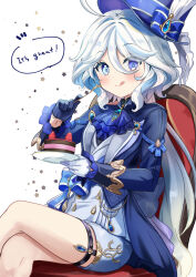Rule 34 | 1girl, :q, asymmetrical gloves, black jacket, black shirt, blue bow, blue eyes, blue gloves, blue hair, blue hat, blush, bow, chair, commentary, crossed legs, english text, eyes visible through hair, feet out of frame, fork, furina (genshin impact), genshin impact, gloves, grey shirt, grey shorts, hair between eyes, half gloves, hat, hat bow, holding, holding fork, holding plate, jacket, licking lips, long sleeves, mismatched gloves, motoi ayumu, multicolored hair, on chair, open clothes, open jacket, plate, shirt, short shorts, shorts, simple background, solo, streaked hair, striped bow, tongue, tongue out, white background, white gloves, white hair