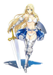 Rule 34 | 10s, 1girl, arm guards, armor, armored boots, artist name, bikini armor, bikini warriors, blonde hair, blue eyes, boots, breasts, cleavage, detached sleeves, female focus, full body, garter straps, large breasts, long hair, official art, onigirikun, paladin, paladin (bikini warriors), shield, skirt, solo, sword, thighhighs, transparent background, weapon