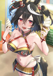 Rule 34 | animal ears, bikini, black hair, blurry, blurry background, blush, breasts, chumugi, cleavage, collarbone, commentary request, food, hair between eyes, hair ornament, highres, horse ears, horse girl, horse tail, ice cream, kitasan black (umamusume), looking at viewer, medium breasts, navel, open mouth, red eyes, swimsuit, tail, umamusume