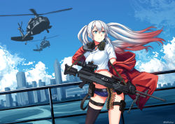 Rule 34 | 1girl, absurdres, aircraft, ammunition, ammunition belt, aqua eyes, belt-fed, black thighhighs, blue sky, breasts, bullet, choker, cityscape, cloud, crop top, day, floating hair, general-purpose machine gun, general dynamics, girls&#039; frontline, gloves, gun, hair between eyes, hair ornament, hairclip, hand on headset, headset, helicopter, highres, holding, holding gun, holding weapon, jacket, lightweight medium machine gun, lonestar future weapons, long hair, looking away, lwmmg (girls&#039; frontline), machine gun, midriff, multicolored hair, ndtwofives, off shoulder, outdoors, prototype design, red jacket, scenery, shirt, short shorts, shorts, sidelocks, silver hair, single thighhigh, skindentation, sky, solo, standing, star (symbol), star choker, thigh strap, thighhighs, thighs, true velocity, twintails, twitter username, two-tone hair, uh-60 blackhawk, weapon, white shirt, wind, wind lift