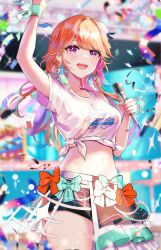 Rule 34 | 1girl, bow, confetti, earrings, feather earrings, feathers, half-skirt, highres, hololive, hololive english, jewelry, long hair, microphone, midriff, navel, open mouth, orange hair, purple eyes, shirt, shorts, smile, solo, sowon, sweat, t-shirt, takanashi kiara, tied shirt, virtual youtuber